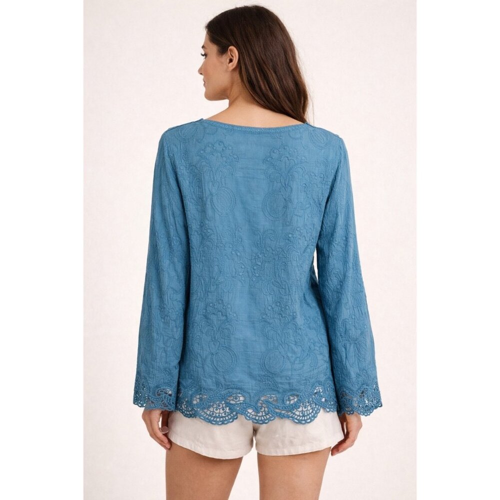 Blue Lace Up Embroidered Crochet Trim Tassel Tunic Top| Coastal Grandma Boho S/M - Picture 10 of 16